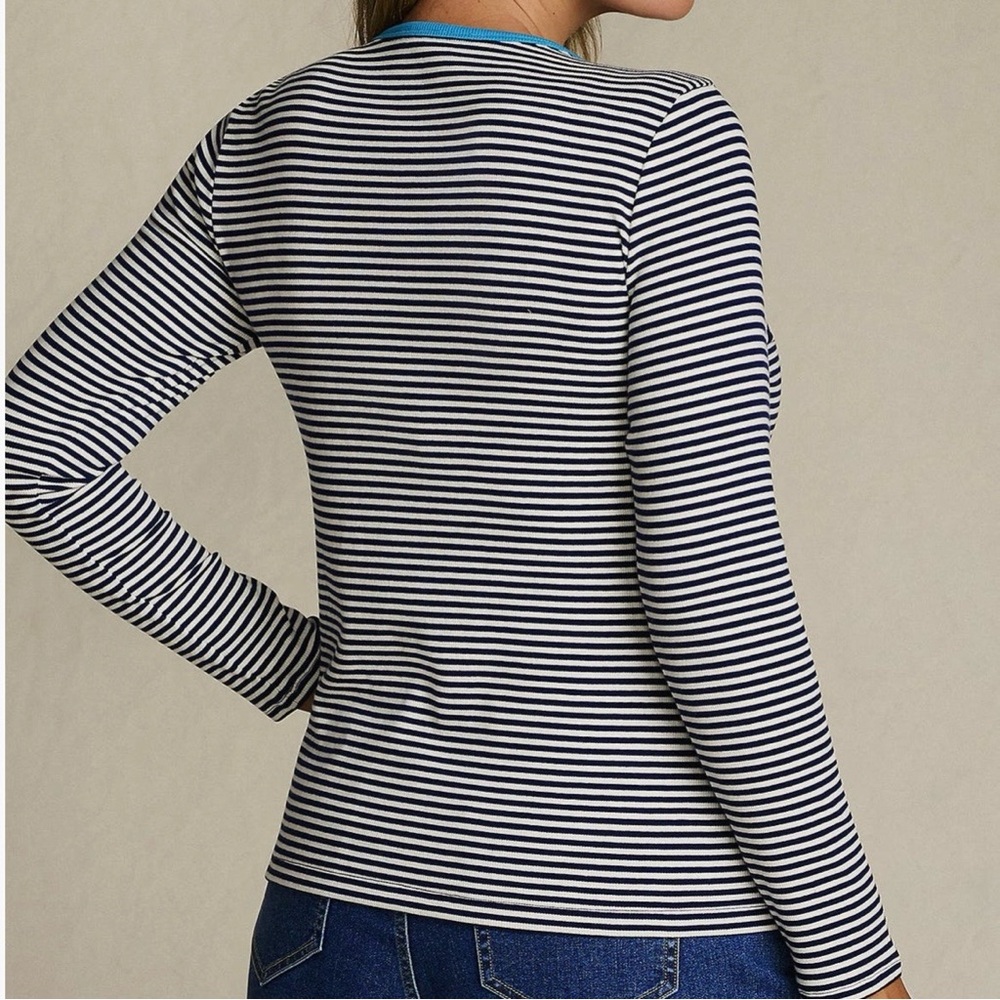 LANDS’ END Deep Sea Tiny Stripe Cotton Rib Tee - Picture 2 of 11